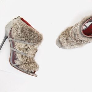 Charles Jourdan Gray and Red Fur Heels